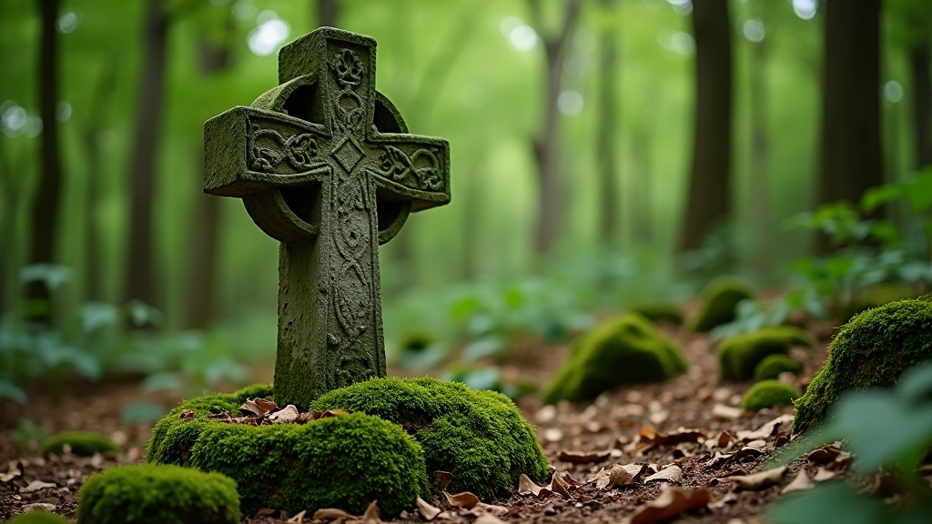 Starý kamenný kříž v lese s mechem, okolní vegetace a přírodní rámeček