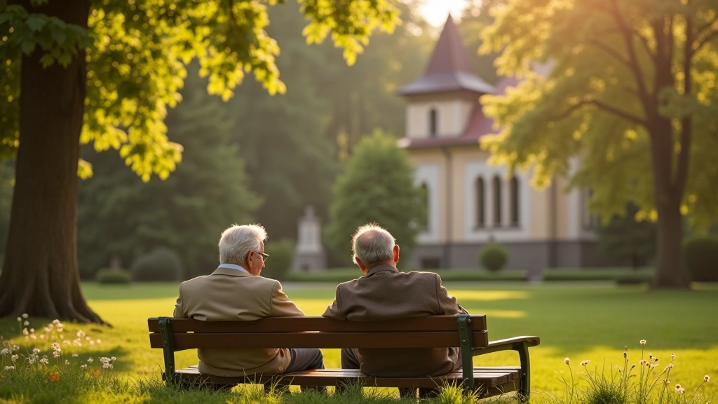Skupina seniorů sedící na lavičce v parku poblíž staré kaple, společenský moment