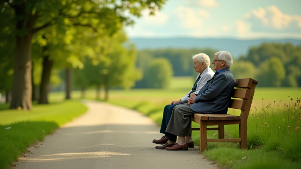 Skupina seniorů odpočívajících na lavičce podél procházky, klidná atmosféra mezi sochami